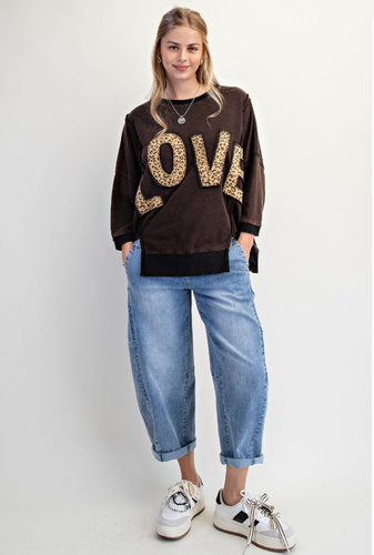 Love Leopard Appliqué Black Terry Pullover
