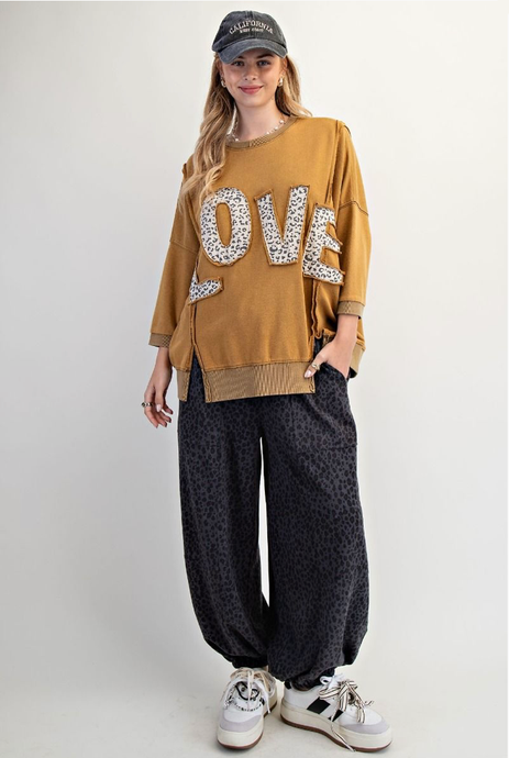 Love Leopard Appliqué Golden Kiwi Terry Pullover