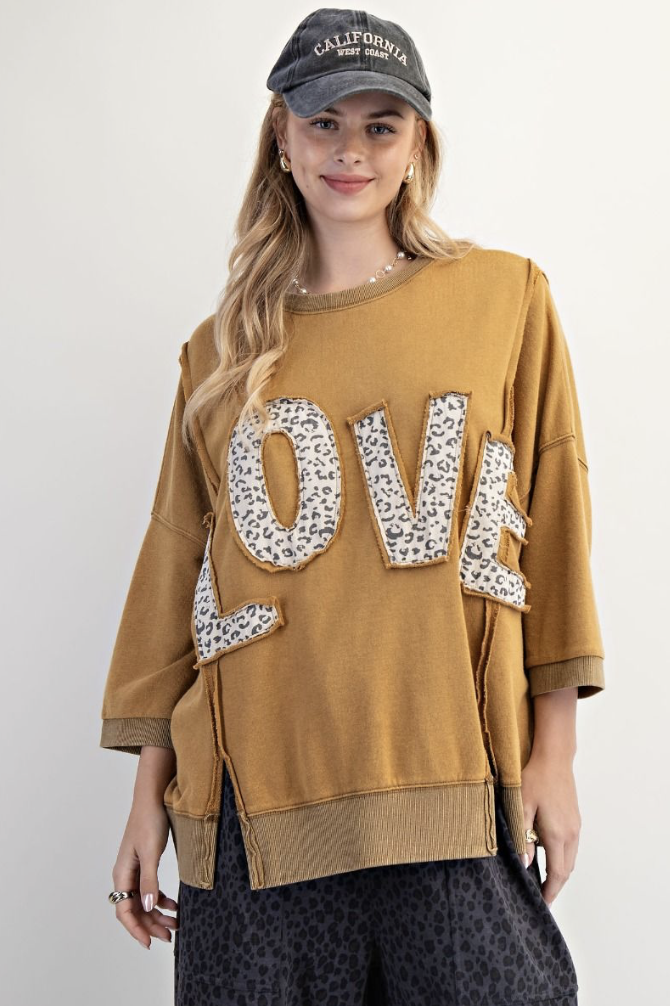 Love Leopard Appliqué Golden Kiwi Terry Pullover