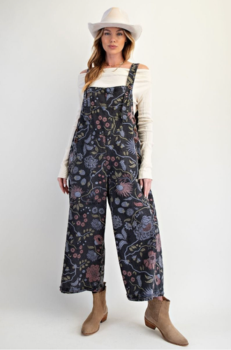 Floral Printed Vintage Washed Overalls