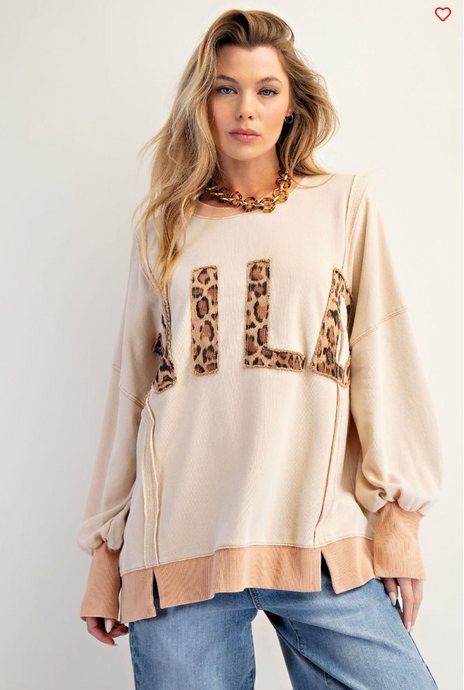 Wild Leopard Appliqué Khaki Terry Pullover