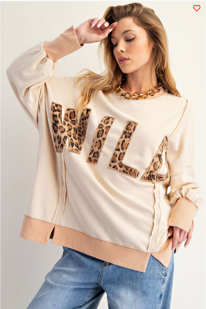 Wild Leopard Appliqué Khaki Terry Pullover