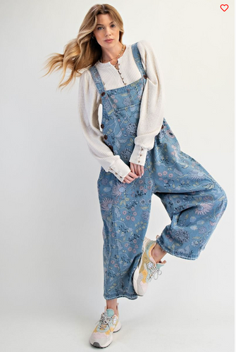 Floral Printed Vintage Denim Washed Overalls