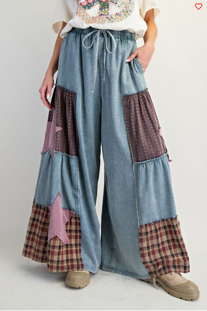 Vintage Patch Print Denim Palazzo Pants