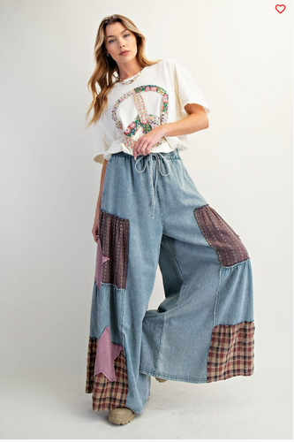 Vintage Patch Print Denim Palazzo Pants