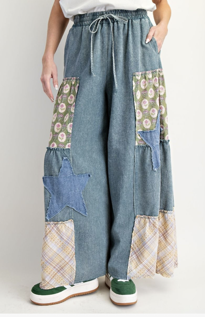 Washed Patch & Star Denim Palazzo Pants