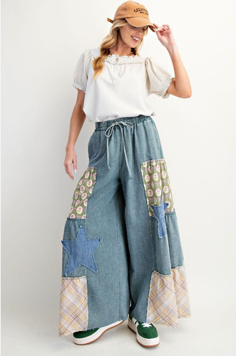 Washed Patch & Star Denim Palazzo Pants