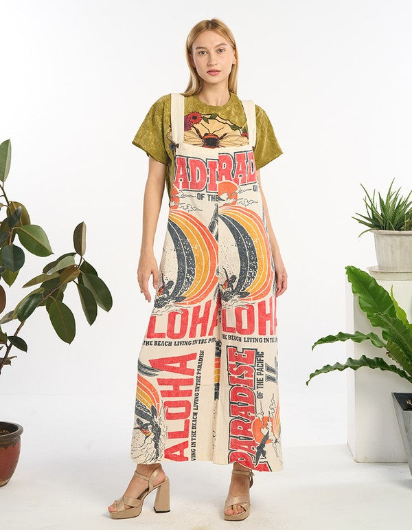 Model wearing the Aloha vintage feed sack wide-leg jumpsuit