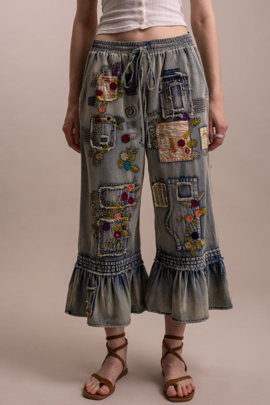 Front view of Blue Velvet embroidered patchwork ruffle hem cropped pants