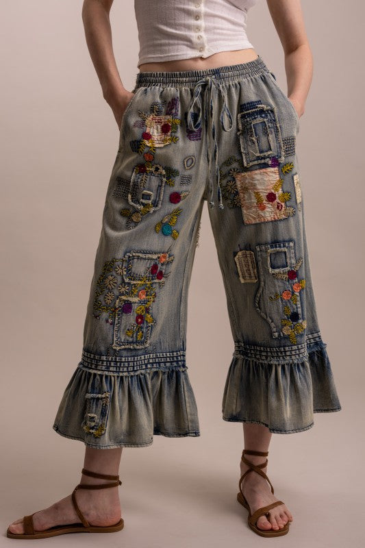Full front view of Blue Velvet embroidered patchwork ruffle hem pants