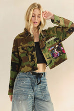 Front view of Camo in Bloom sequin jacket