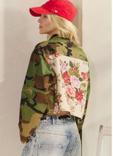 Angled back view of Camo and Roses floral fabric jacket