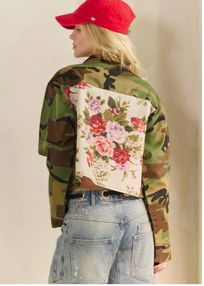 Full back view of floral fabric panel camo jacket