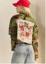 Full back view of floral fabric panel camo jacket