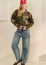 Full-length front view of Camo and Roses floral fabric-back jacket