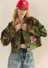 Front open view of Camo and Roses floral fabric jacket