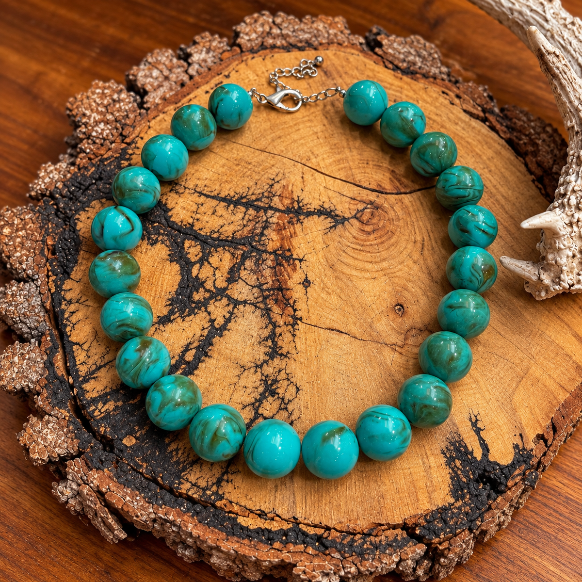 Chunky Turquoise Marbled Round Bead Necklace
