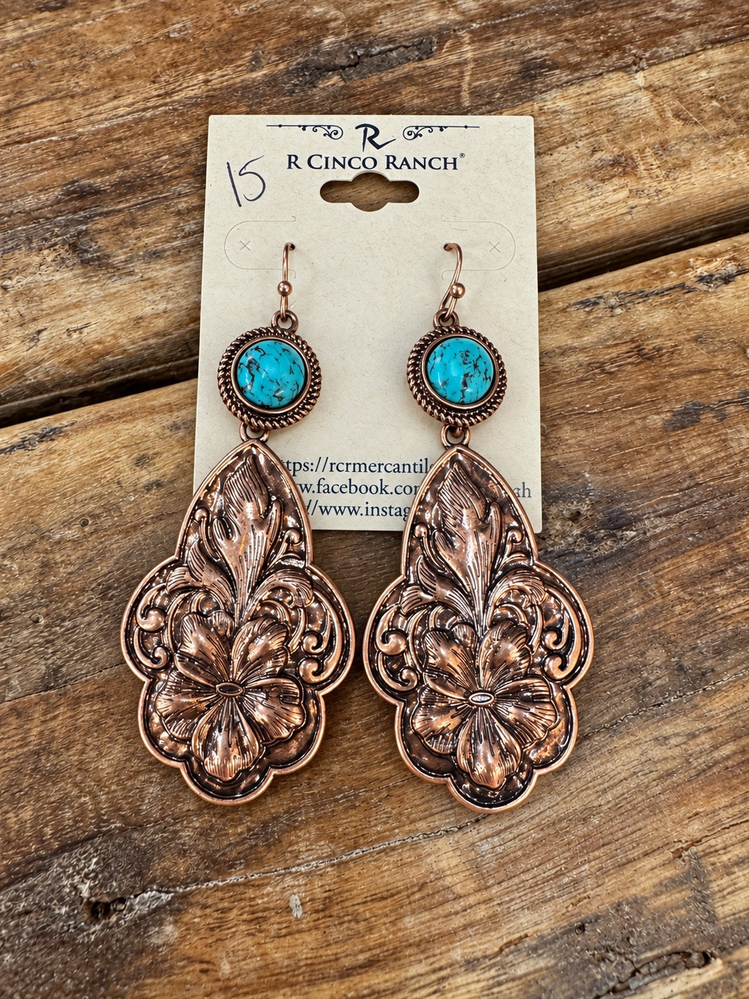 Copper-Tone Floral Scroll & Turquoise Drop Earrings