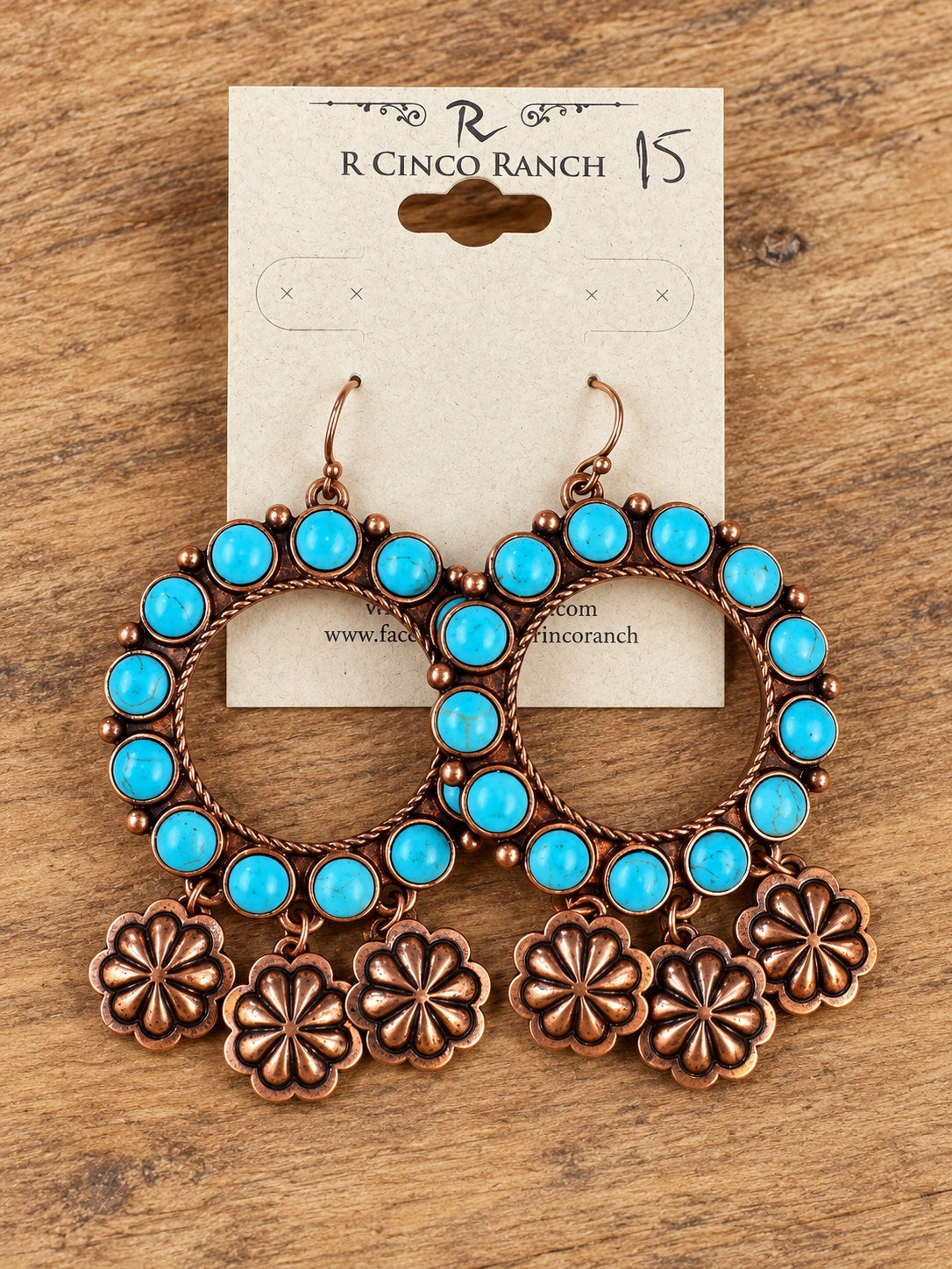 Copper-Tone Turquoise Hoop Earrings with Floral Drops