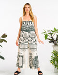 Model wearing the Cow vintage feed sack wide-leg jumpsuit