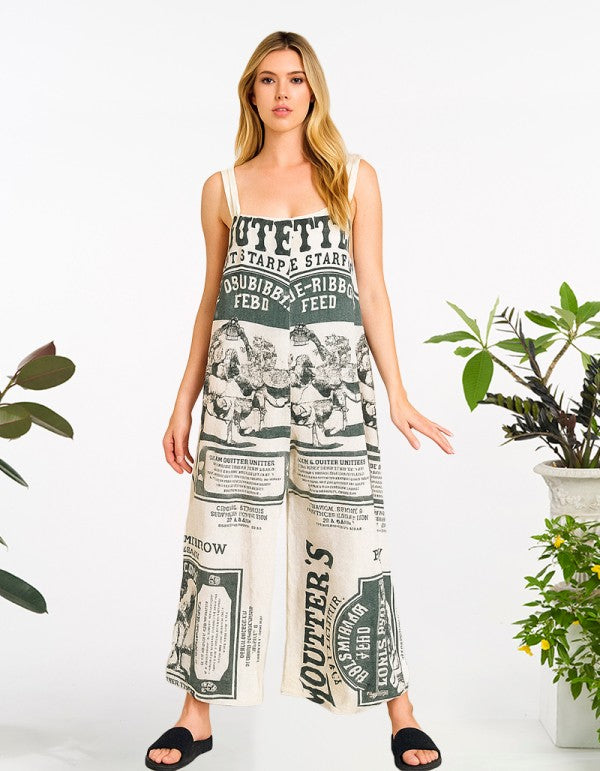 Model wearing the Cow vintage feed sack wide-leg jumpsuit