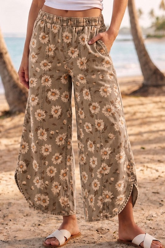 Daisy Drift taupe floral tulip hem pants