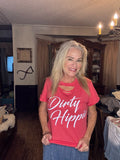 Coral tee with white Dirty Hippie script and a cutout neckline.