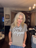 Heather gray tee with white Dirty Hippie script and a notched neckline.