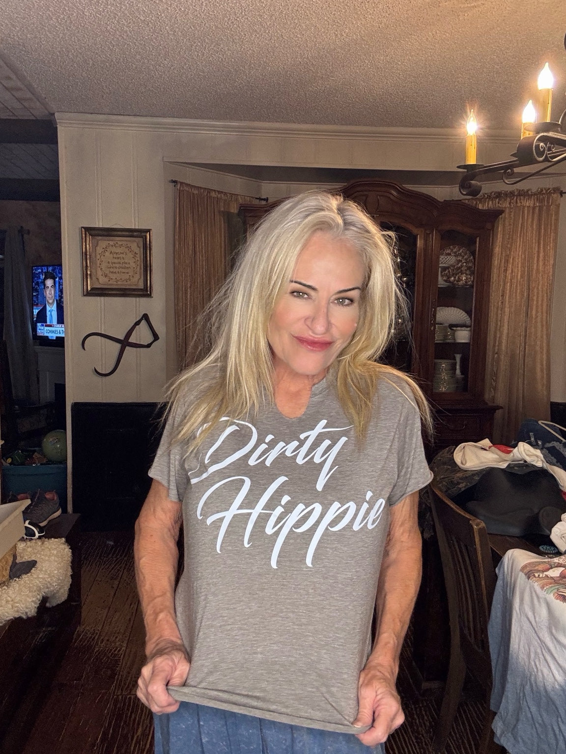 Heather gray tee with white Dirty Hippie script and a notched neckline.
