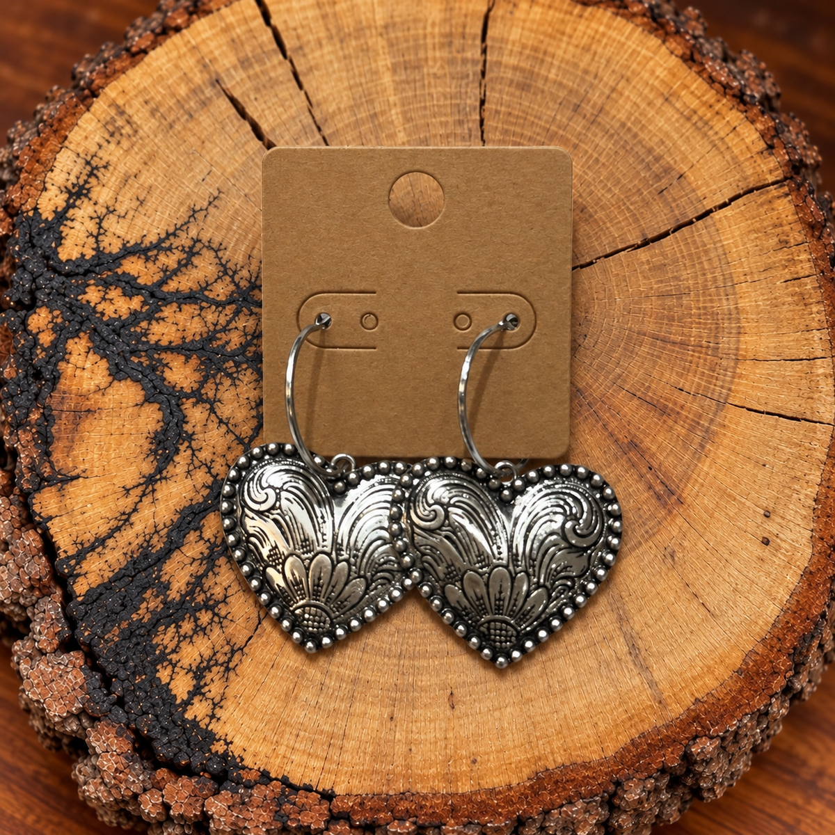 Western Floral Heart Hoop Earrings on a plain kraft card