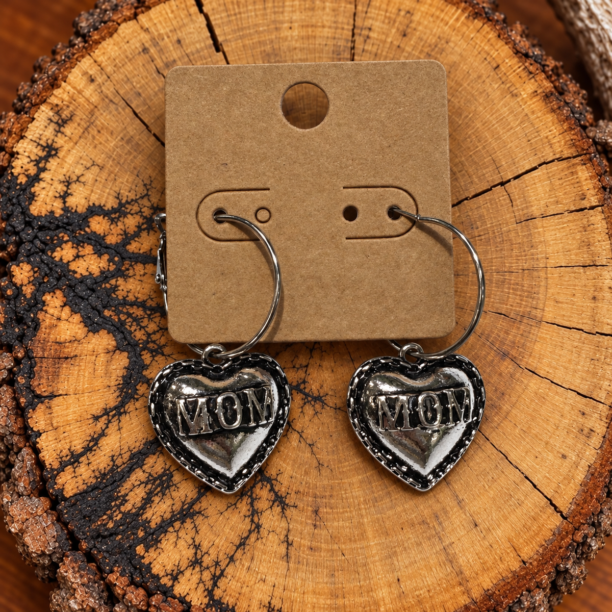 Mom Heart Hoop Earrings on a plain kraft card