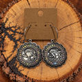 Buffalo Coin Crystal Medallion Hoop Earrings on a plain kraft card