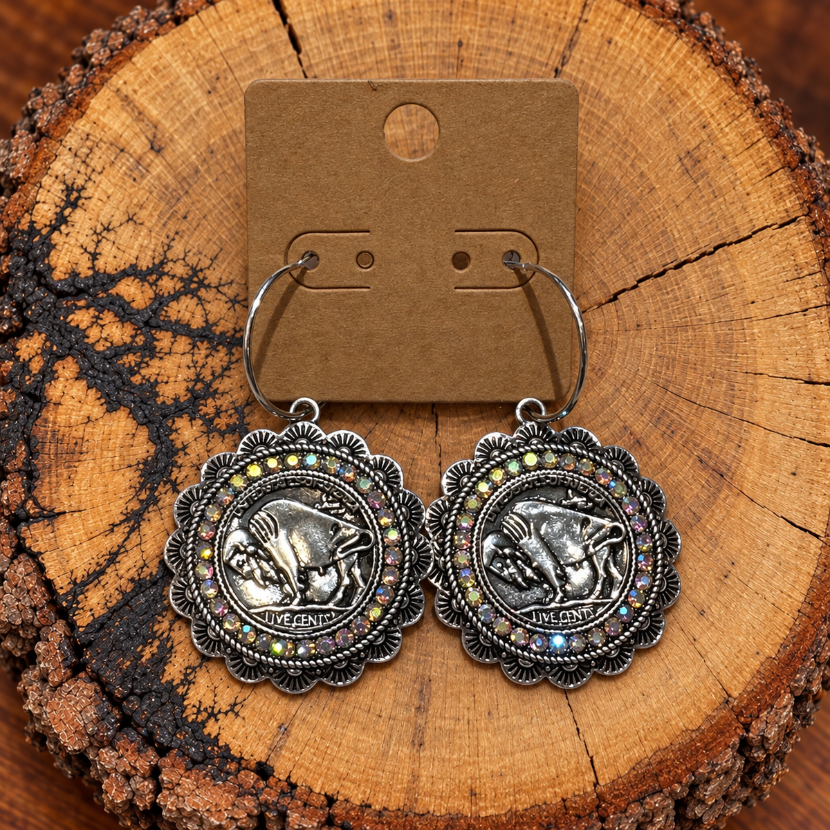 Buffalo Coin Crystal Medallion Hoop Earrings on a plain kraft card