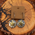 Two-Tone Gold Star Hammered Disc Hoop Earrings on a plain kraft card