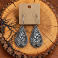 Silver-Tone Western Floral Teardrop Hoop Earrings on a plain kraft card