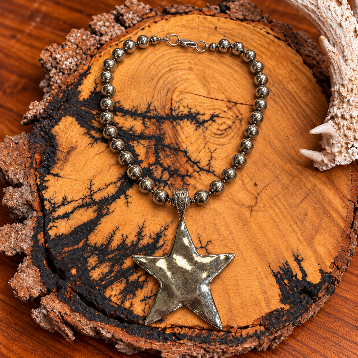 Silver-Tone Star Pendant Beaded Necklace