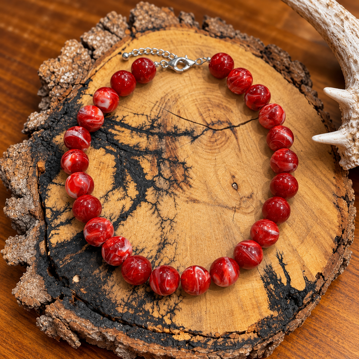 Red Marbled Round Bead Statement Necklace