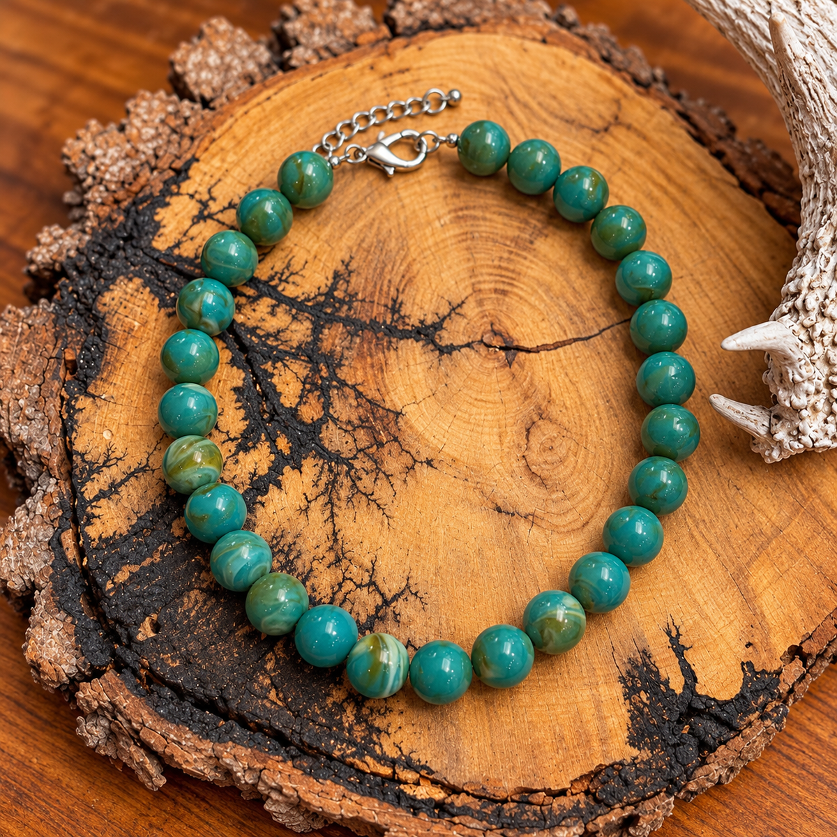 Teal & Olive Marbled Round Bead Necklace