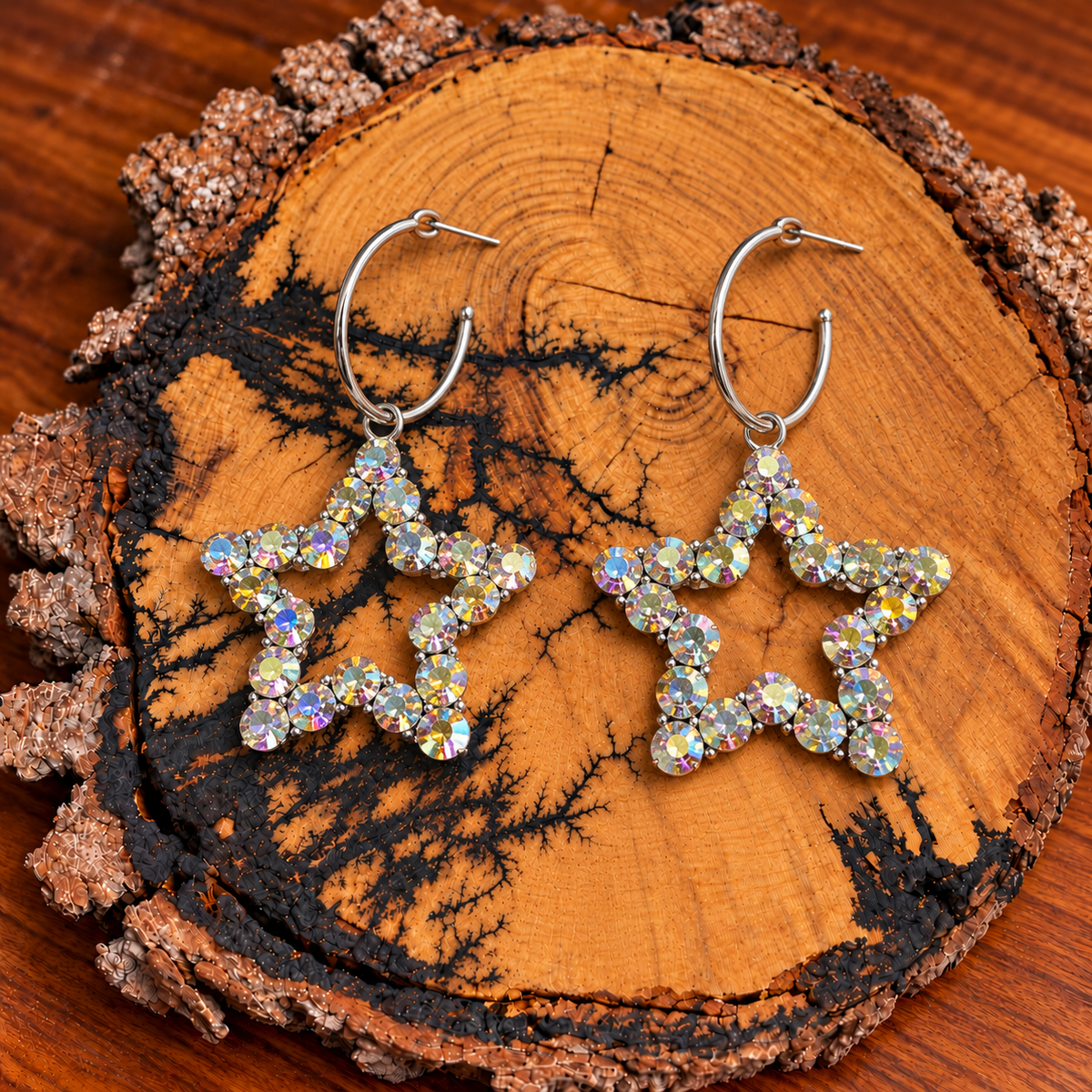 Iridescent Rhinestone Star Hoop Earrings