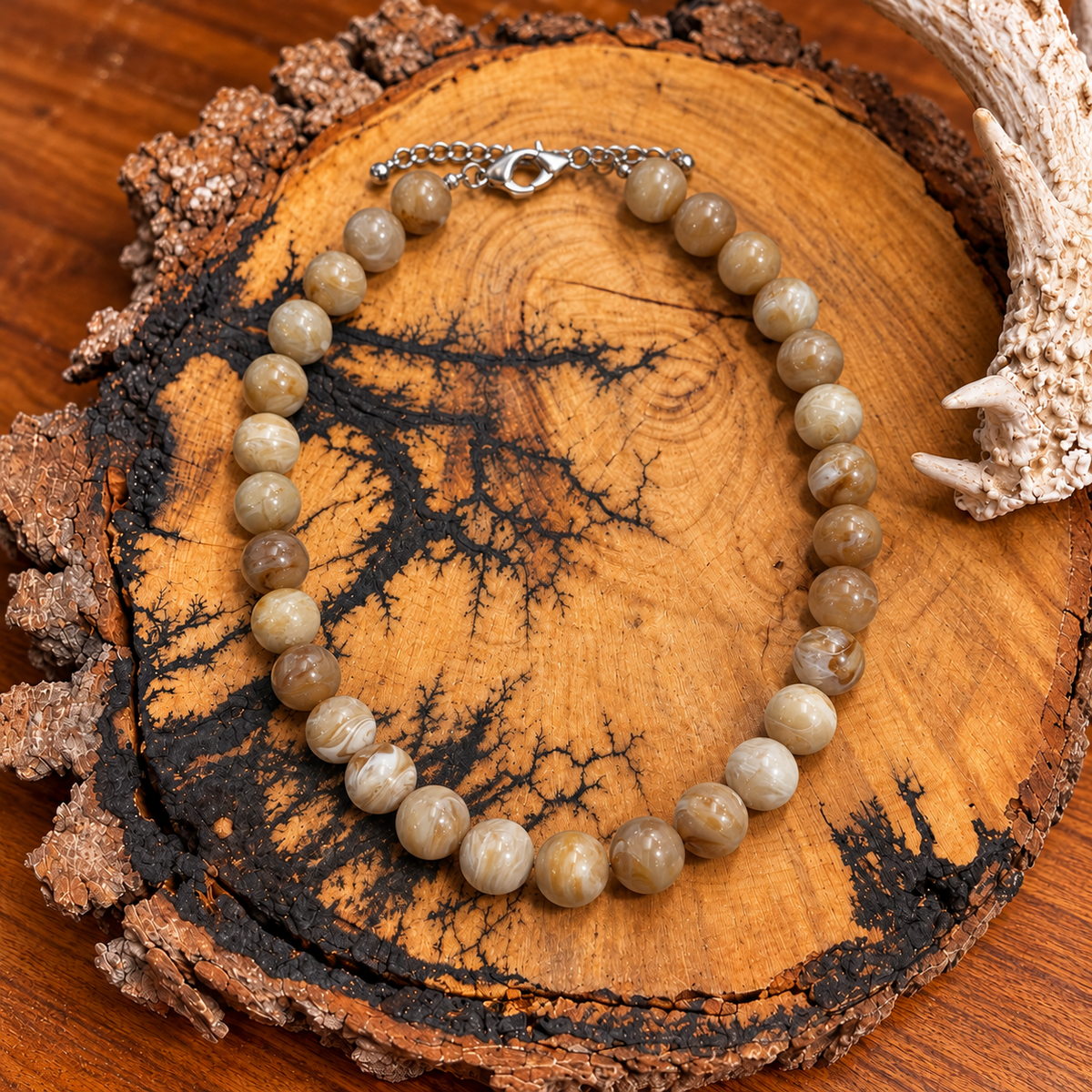 Taupe & Cream Marbled Round Bead Necklace