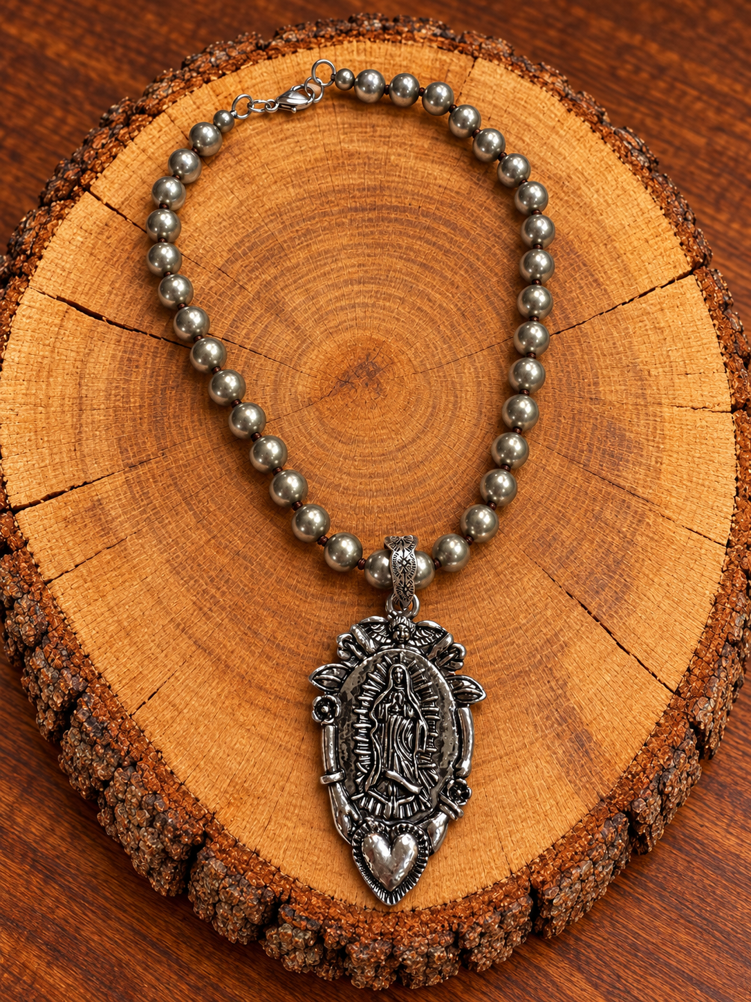 Virgin Mary & Heart Silver-Tone Beaded Necklace