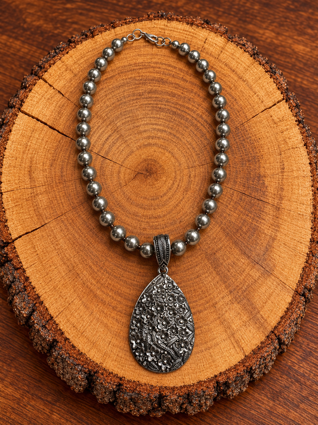 Floral Teardrop Silver-Tone Beaded Necklace