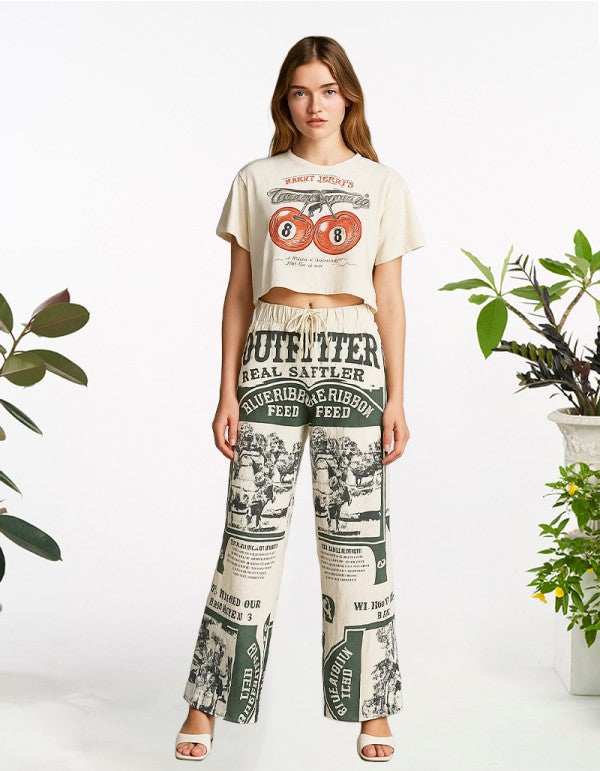 Cow vintage feed sack wide-leg cotton pants
