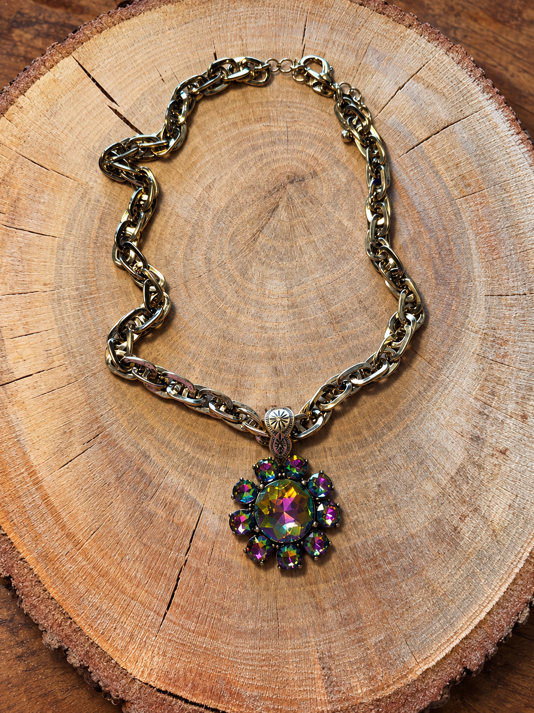 Rainbow Crystal Flower Necklace – Antique Gold-Tone Chain on natural wood