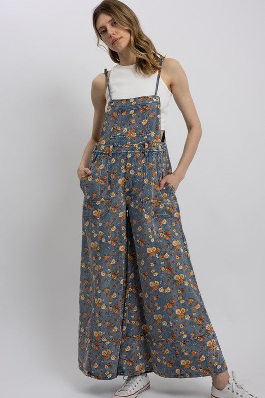 Free Spirit floral wide-leg denim overalls front full-length view