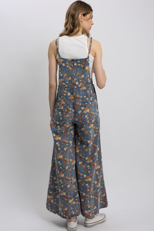 Free Spirit floral denim overalls back view