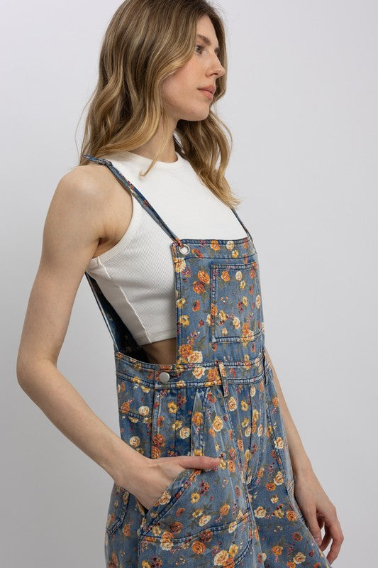 Free Spirit floral denim overalls side pocket detail