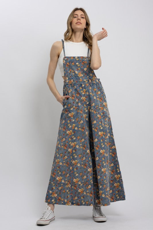 Free Spirit floral wide-leg denim overalls styled front view
