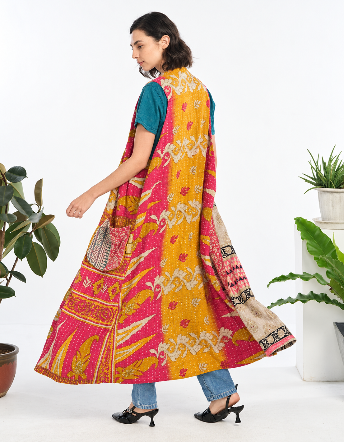 Back view of colorful Kantha cotton long kimono vest