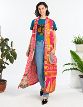Front view of one-size colorful Kantha cotton long kimono vest with pockets